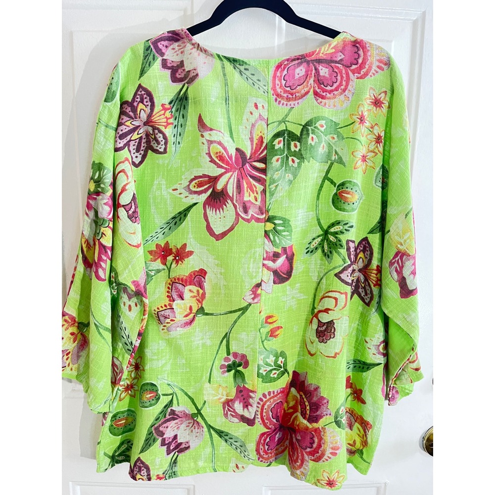 Yolly Made in Italy Green Floral 100% Cotton Boxy Tunic Top XL–1X Elbow Sleeve - Picture 2 of 10